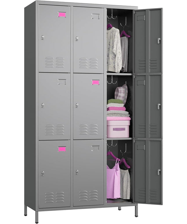 Aobabo New 9 Doors Metal Storage Locker for Employees, Lockable Steel Locker with Name Card Slot and 27 Hooks for School Office Gym Garage, Dark Grey, Assembly Required