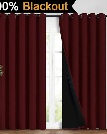 Yakamok 100% Blackout Lined Panels, Room Darkening Thermal Insulated Blackout Curtains for Bedroom, Heat Blocking Drapes for Living Room(62Wx84L, Burgundy Red, 2 Panels)