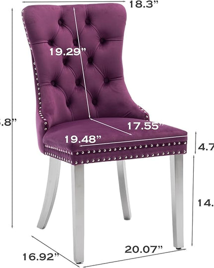 SoarFlash Velvet Dining Chairs Set of 2, Tall Back Side Chair, Modern Upholstered Side Chair with Button Back Ring, Silver Plated Stainless Steel Legs (Purple)