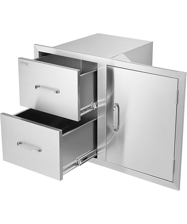 VEVOR Outdoor Kitchen Door Drawer Combo, 32.5" Wx21.7 Hx20.5 D, Access Door Double Drawers with Paper Towel Rack, BBQ Island Drawers with Stainless Steel Handles, 30.7" Wx20 Hx21 D Cutout Size