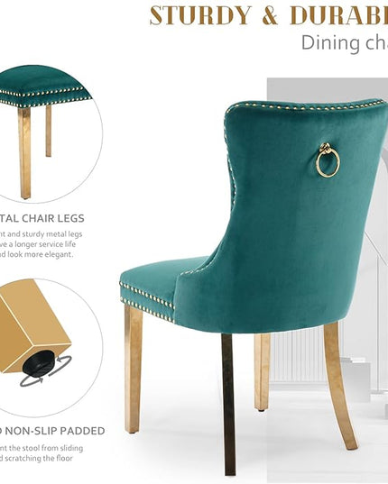 SoarFlash Velvet Dining Chair Set of 6, Upholstered Tufted Dining Room Chair with Nailhead Trim and Solid Gold Plated Leg for Kitchen (Green)