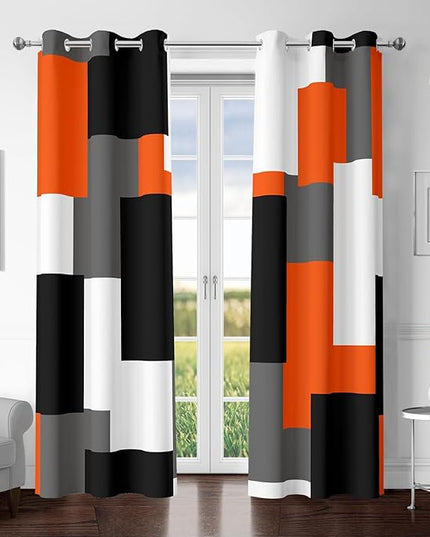 Orange 100% Blackout Curtains for Bedroom 63 inch Length 2 Panels Set White Grey Modern Abstract Geometric Black Out Curtains Insulated Room Darkening Window Drapes for Living Room, 42Wx63L