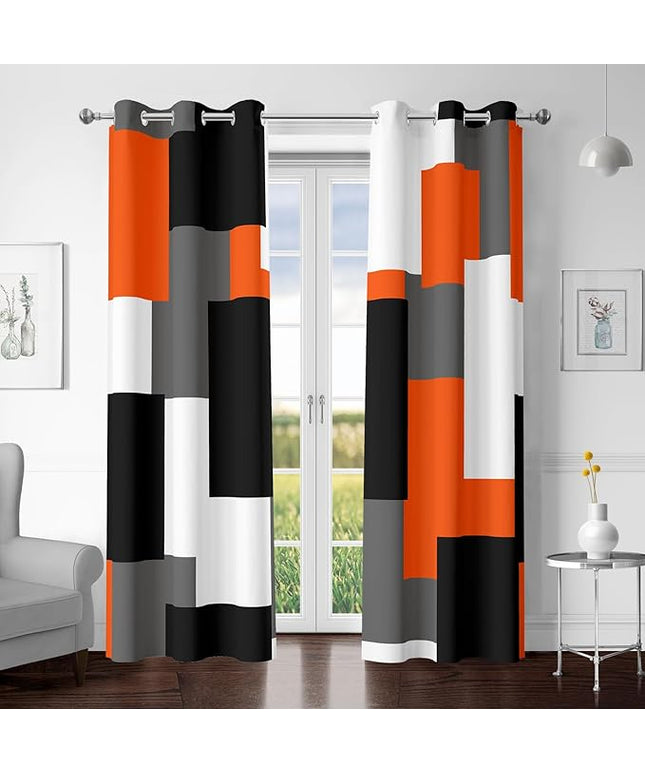Orange 100% Blackout Curtains for Bedroom 63 inch Length 2 Panels Set White Grey Modern Abstract Geometric Black Out Curtains Insulated Room Darkening Window Drapes for Living Room, 42Wx63L