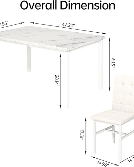 Hooseng Dining Room Table Set 5 Piece Dining Table Set Marble Dining Table 4 Chair Dining Table Set for Kitchen Living Room Breakfast Small Spaces (White)