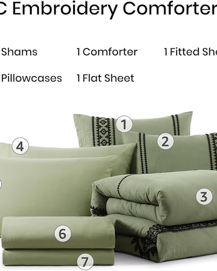MaiRêve Embroidery Comforter Sets Full Size, Light Olive Green Western Boho Bedding Set 7 Pieces, Farmhouse All Season Bed in A Bag Comforter Set with Sheets, Pillowcases & Shams