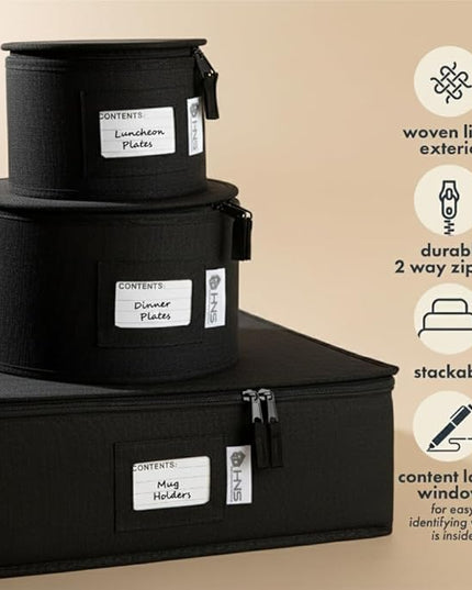 Hard Shell China Storage Containers 5-Piece Set Moving Boxes for Dinnerware, Glasses, Plates, Mugs and Saucers Sturdy Dish Organizer with Dividers for Seasonal Storage - Service for 12 - Black Quilted