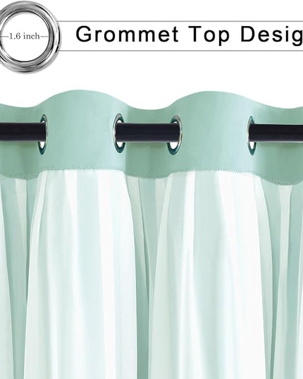 Hiasan Aqua Blackout Curtains with Sheer 84 Inches Long, Thermal Insulated Mix Match Double Layer Room Darkening Curtains for Bedroom, Living Room, 2 Window Drape Panels with Tiebacks, 52W X 84L