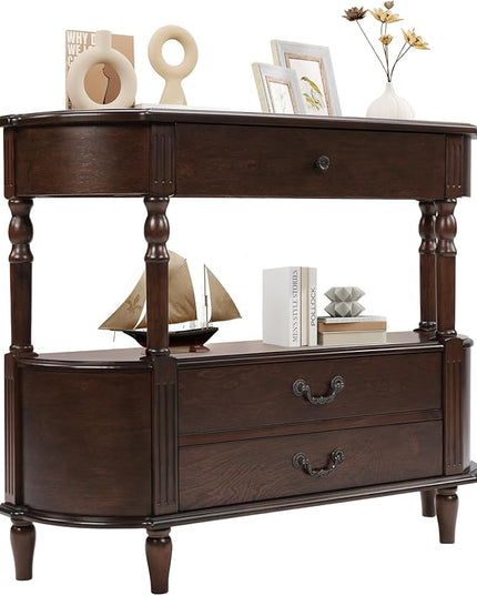 HMFULE Solid Wood Retro Curved Console Table, 43" Half Moon Console Table Sofa Table Entryway Table with 3 Drawers Open Shelf Pine Roman Legs Curved Corners for Living Room,Entryway,Hallway,Espresso