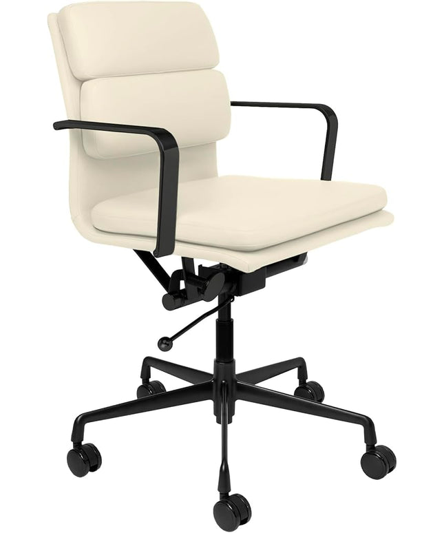 Laura Davidson Furniture SOHO II Padded Management Office Chair - Mid Back Desk Chair with Arm Rest, Swivel & Cushion Availability, Made of Faux Leather, Sand with Black Frame, Computer Chair
