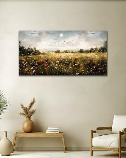 Wapluam Wall Decor For Living Room Canvas Wall Art For Bedroom Wildflower Field Vintage Wall Art Canvas Prints Paintings Farmhouse Artworks Pictures Modern Bathroom Aesthetic Home Wall Decor 40"X20"