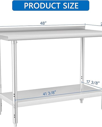 HARDURA All Stainless Steel Table 24X48 Inches Metal Commercial Kitchen Prep Table with Adjustable Undershelf and Backsplash NSF for Prep
