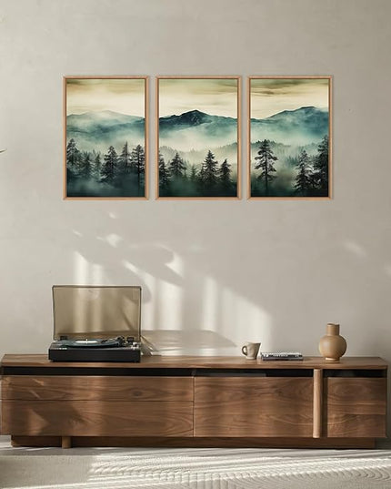 HOURIA Large Boho Mountain Forest Framed Canvas Wall Art Set,Nature Foggy Woodland Wall Decor,Modern Pine Tree Artwork,Watercolor Botanical Art Print for Living Room,Bedroom,Farmhouse- 16"x24"x3