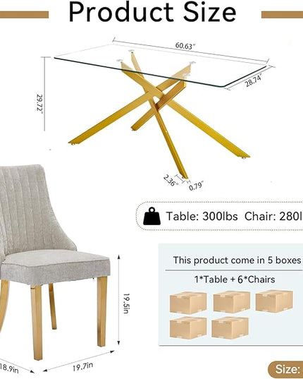Rectangle Glass Dining Table Set for 6, 60'' Kitchen Table and Chairs Set, 7PCS Modern Dining Room Table Set with 6 Dining Chair for Home