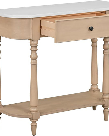 HMFULE Retro Curved Console Table, 36" Solid Wood Half Moon Console Table Sofa Table Entryway Table with 1 Drawer 1 Open Shelf Roman Legs Curved Corners for Living Room,Entryway,Hallway,White+Beige