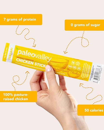 Paleovalley Pasture-Raised Chicken Sticks – 10 Pack – 7g Protein per Stick – Keto-Friendly, Paleo, Gluten-Free, Nitrate-Free – On-the-Go Snack (10 Pack, Teriyaki)