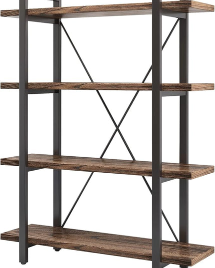 4 Tier Bookshelf Solid Wood Bookcase and Book Shelves Wood and Metal Shelving Rustic Open Bookshelf Office,Distressed Brown (AY-02-4Tier)
