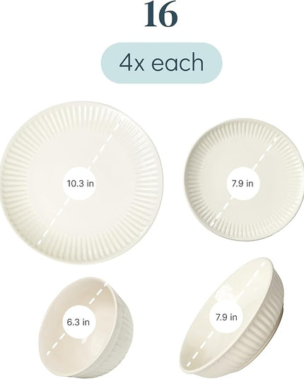 Stoneware Dinnerware Set for 4 People HYGGE 16-Piece - Elegant Scandi Design - Premium Dish Set - Bowl and Plate Set - Tableware for 4 People in a Ribbed Design - Pure Living in Beige
