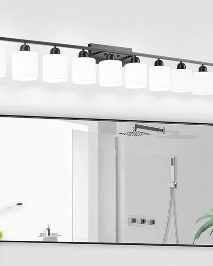 10 Light Black Vanity Lights for Giant Mirror, Bathroom Vanity Lights Over Mirror with Milky White Frosted Glass Shades,65 inch Bathroom Light Fixture for Mirrors, E26