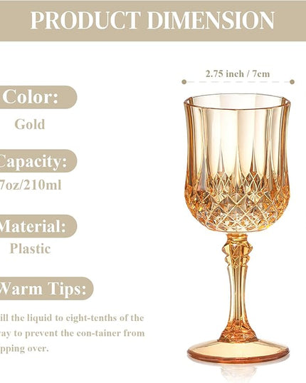 XUWAIDSGN 24 Pcs 7oz Plastic Vintage Wine Glasses Drinking Glasses Unbreakable Wedding Glassware Crystal Water Goblets Reusable Drinkware Vintage Champagne Flutes (24, Amber)
