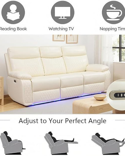 Power Recliner Sofa Sectional Couches with LED Light, Leather Reclining 3-Seat Sofa, Living Room Furniture, Reclining Sofa with Cup Holders/Storage Console for House(Vanilla White)