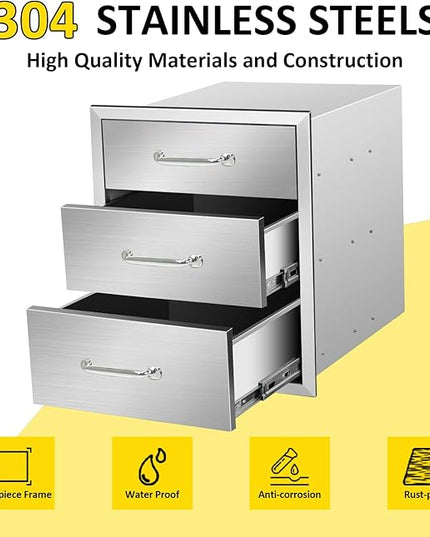 Outdoor Kitchen Drawers 18" W x 21" H x 21" D Flush Mount Triple BBQ Drawers with Chrome Handle Stainless Steel Drawer for Outdoor Kitchen Island, Patio Grill Station