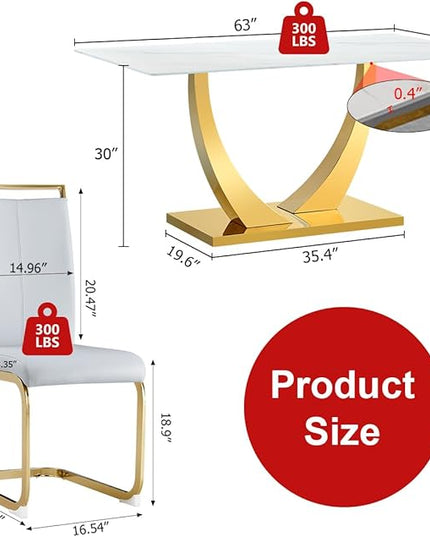 63” Dining Room Table Set for 4,Modern Gold Dining Table Set for 4, Rectangle Kitchen Table Set with Leather Chairs,White Faux Marble Dinner Table Set with Tempered Glass Top and Golden Base