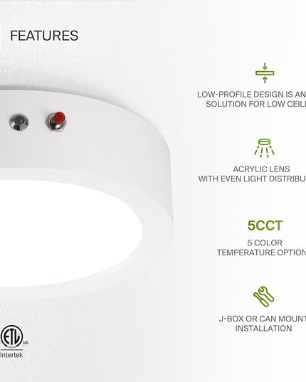 ASD LED 7" Round Flush Mount Ceiling Light Fixture, Low Profile Surface Lighting | 5CCT, Dimmable, Battery Backup, ETL Listed | 15W 1200LM 2700-6000K 120V | Kitchen, Bedroom, Hallway Lamp | White