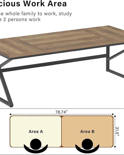 HSH Extra Large Home Office Desk, Rustic Wood and Metal Computer Desk for 2 People, 78 Inch Long Executive Writing Study Gaming Double Desk Workstation, Bedroom Living Room PC Table for 2 Monitors