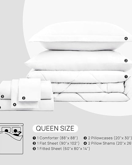 Love's cabin Queen Comforter Set White, 7 Pieces Queen Bed in a Bag, All Season Bedding Sets with 1 Comforter, 1 Flat Sheet, 1 Fitted Sheet, 2 Pillowcase and 2 Pillow Sham