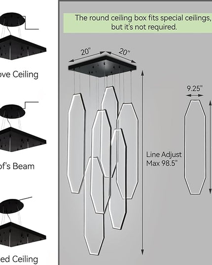 Modern Staircase Chandelier LED 6-Rings Foyer Chandeliers for High Ceilings Black Large Chandeliers Remote Control 3000K-6000K Dimmable Pendant Light for Living Room Staircase Entryway