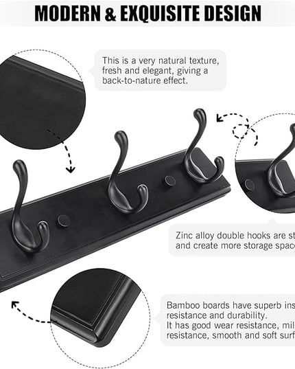 Wooden Coat Rack, Wall-Mounted Organizer for Closet, Entryway, Hallway, Foyer, Bedroom, Heavy Duty Double Hooks for Hanging Towels, Bags, Hats, Jackets, Key (Black, 3 Hooks)