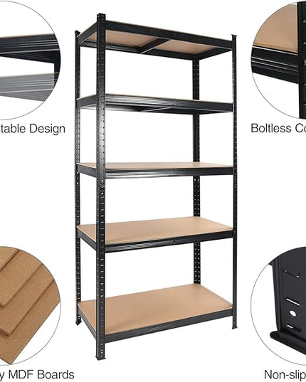 Heavy Duty 5-Tier Storage Shelving Unit, Black Steel Frame with MDF Boards, 71" H x 35.5" W x 15.8" D, 2000 lbs Capacity, Adjustable Garage Organization Rack
