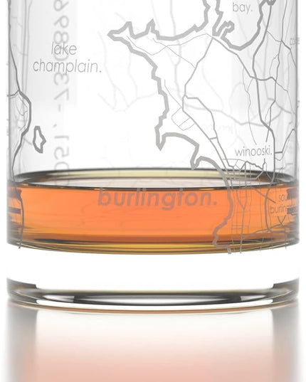 Well Told Engraved Burlington Vermont Map Rocks Glass, Old Fashioned Whiskey Glass (11 oz, Clear) Etched Whiskey Glass, Gifts For Whiskey Lovers