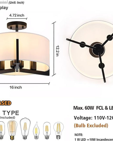 16 inch Semi Flush Mount Ceiling Light: 3-Light Black Modern Light Fixtures Ceiling Mount with Drum Fabric Shade, Close to Ceiling Lamp for Bedroom, Kitchen, Entryway (Bulb Exclude)