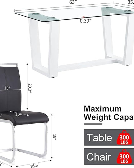Ebullient Glass Dining Table Set for 4, Modern Dining Table Set for 4, Tempered Glass Tabletop with White MDF Trapezoid Legs, Rectangle Kitchen Table with 4 Faux Leather Chairs for Home Apartment