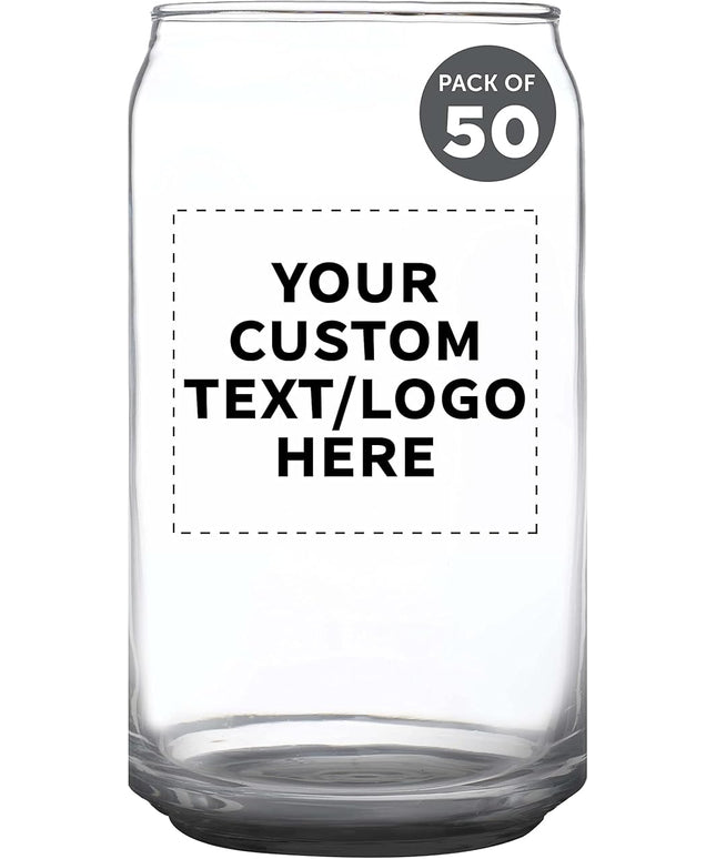 Custom Beer Can Glasses Set of 50, 16 oz. Pint Sized, Promotional Text, Logo, Soda Can Shape, Glassware, Black