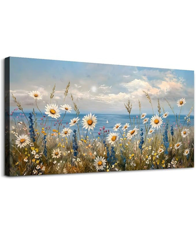 Wapluam Blue Ocean Canvas Wall Art for Living Room Wall Decor For Bedroom Bathroom Decoration Natural Seascape Painting Modern Office Wildflowers Artwork Large Pictures Home Decor Ready To Hang