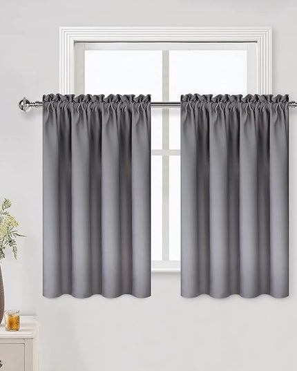DWCN Short Grey Blackout Curtains for Small Window, Thermal Insulated Energy Saving Room Darkening Curtains for Kitchen/Bedroom (W42 x L36 inch, Set of 2 Panels, Top of Rod Pocket)