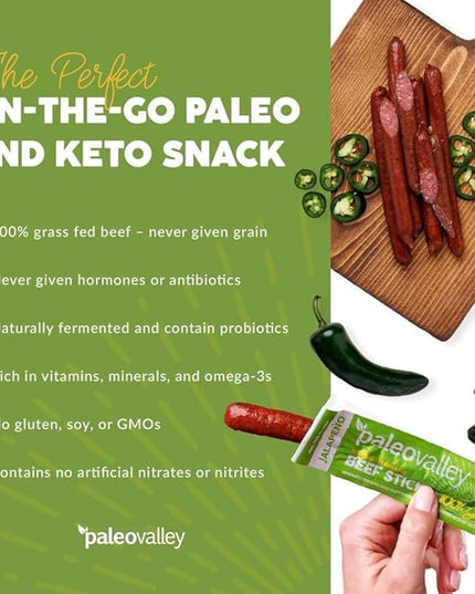 Paleovalley 100% Grass Fed Jalapeno Beef Sticks - Delicious Gluten Free Beef Snack - High Protein Keto Friendly