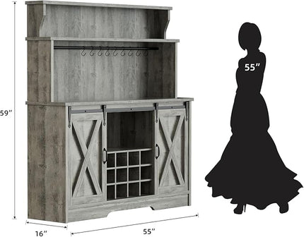 55'' Farmhouse Coffee Bar Cabinet with 3 Tier Storage Hutch, Coffee Bar Station with Sliding Barn Door, Hutch Storage Cabinet with 12 Wine Racks & 9 Hooks for Kitchen Dining Living Room