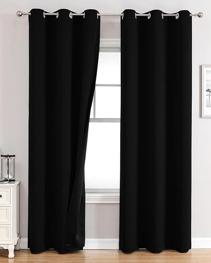 ChrisDowa 100% Blackout Curtains 84 inch Long for Bedroom with Black Liner, 2 Thick Layers Total Blackout Thermal Insulated Grommet Window Curtains 2 Panels Set (Black, 38 x 84 Inch)