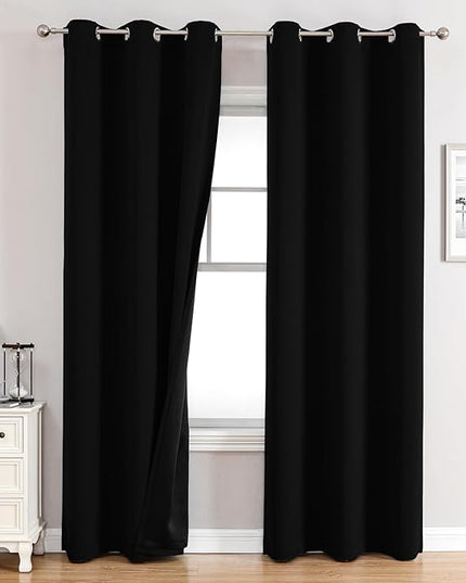 ChrisDowa 100% Blackout Curtains for Bedroom with Black Liner, 2 Thick Layers Total Blackout Thermal Insulated Grommet Window Curtains 2 Panels Set (Black, 42 x 84 Inch)