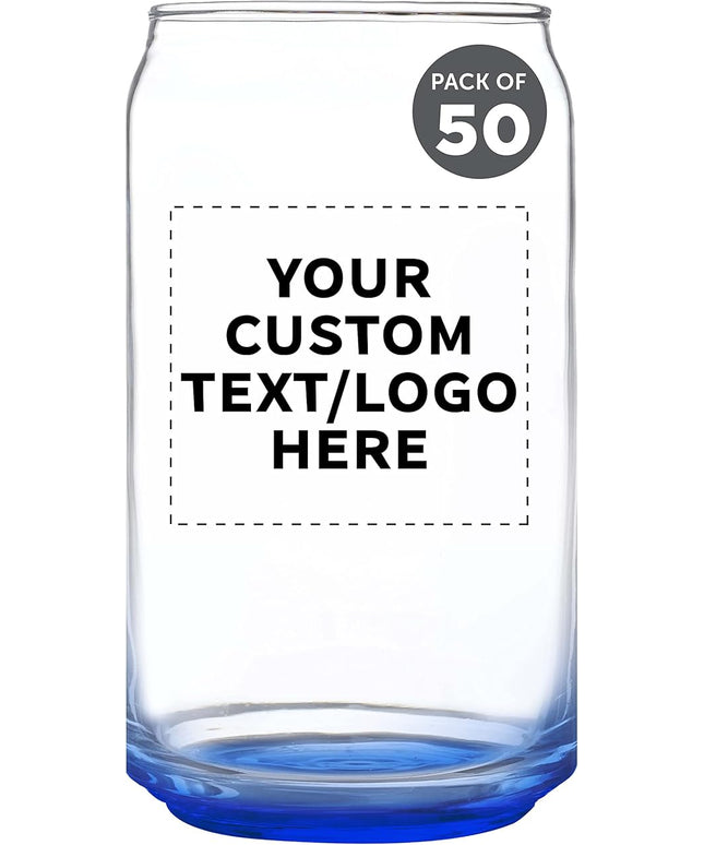 Custom Beer Can Glasses Set of 50, 16 oz. Pint Sized, Promotional Text, Logo, Soda Can Shape, Glassware, Blue
