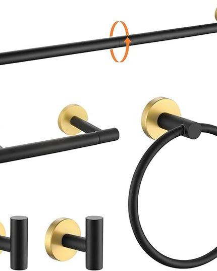 TURS Black and Gold 5 Piece Bathroom Hardware Set, SUS304 Stainless Steel Gold Black Towel Bar Set, 24 Inch Rould Bathroom Accessories Kit Wall Mounted