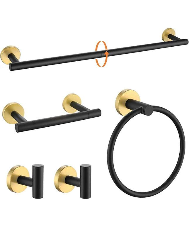 TURS Black and Gold 5 Piece Bathroom Hardware Set, SUS304 Stainless Steel Gold Black Towel Bar Set, 24 Inch Rould Bathroom Accessories Kit Wall Mounted