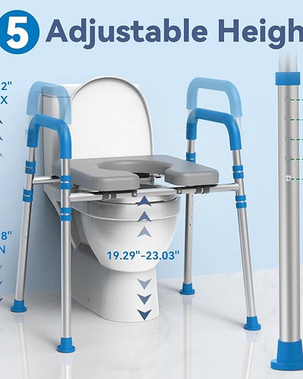 Raised Toilet Seat with Handles, Padded Toilet Seat Risers for Seniors, Adjustable Height & Width Toilet Riser, Handicap Elevated Toilet Seat 500lb, Fit Any Toilet