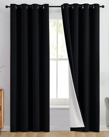 Yakamok 100% Blackout Curtain Panels 96 inches Cold and Light Blocking Drapes for Nursery, 2 Thick Layers Thermal Insulated Draperies (2 Pieces, 50 Wide Each Panel, Black Front with White Backing)