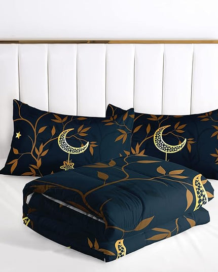 AILONEN Moon Comforter Set Twin Size, Gold Moon Star Leaves Print Bedding Set,Soft Lightweight Quilt Set for Boys Girls Adults Room Decor All Season 3 Pieces, 1 Comforter and 2 Pillowcases