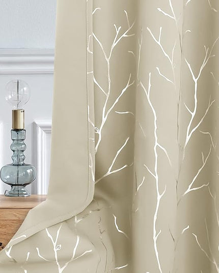 BUHUA Black Out Curtains 108 Inch Long 2 Panels, Soundproof Curtains with Elegant Silver Tree Branches Print, Heat Blocking Curtains for Livingroom, 52W x 108L, Beige