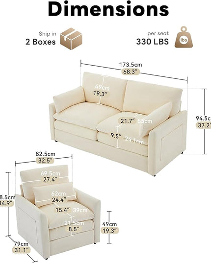 Tbfit Living Room Furniture Set, Loveseat Couch & Accent Chair, Modern Comfy Cloud Sofa Set, Spring Seat Cushions, Chenille Fabric, Beige